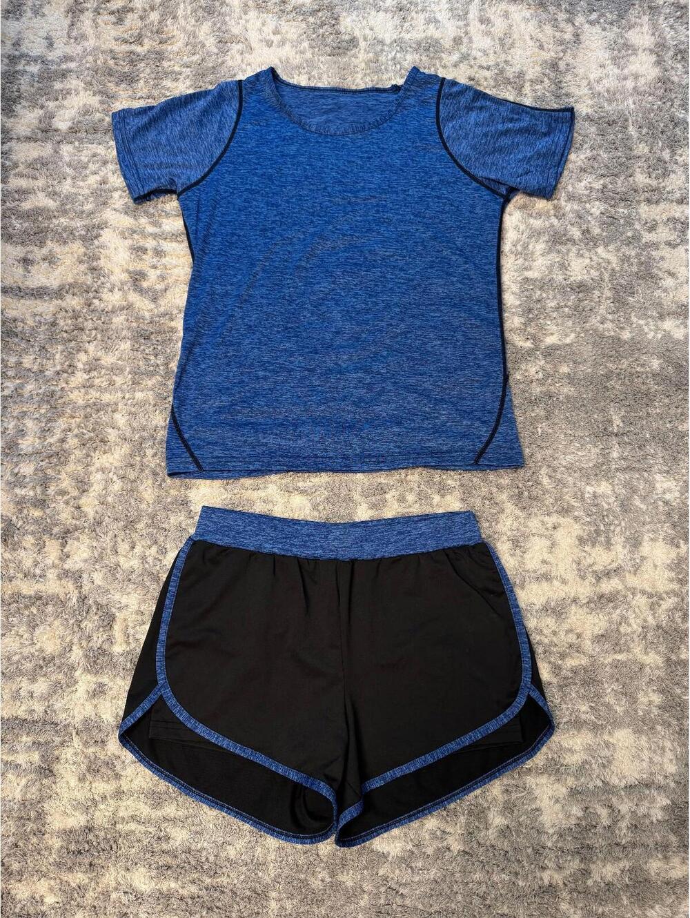 Women’s 3 Pc Athletic Set Jacket T-Shirt Shorts Blue Black Size M Workout Active